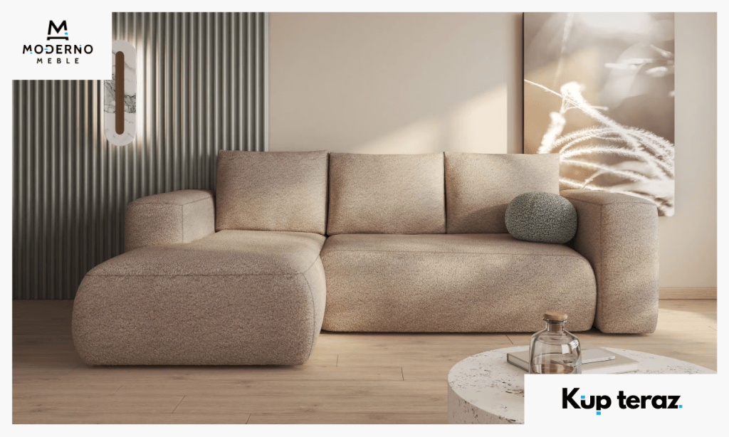 5. Beżowy narożnik z funkcją spania Lambi z pojemnikiem na pościel