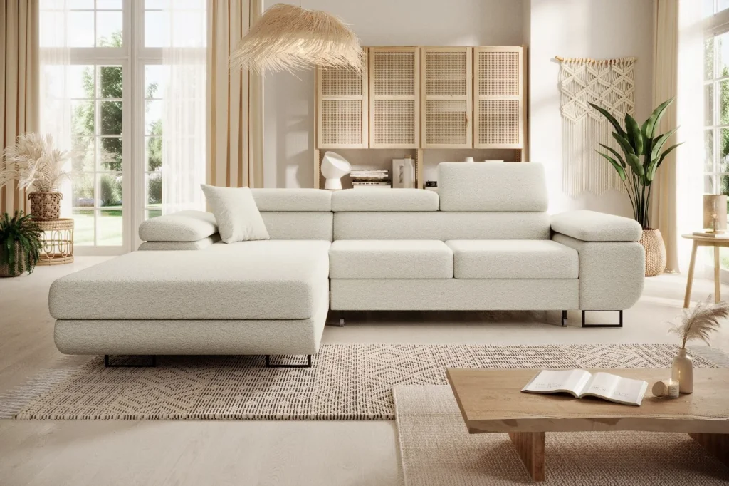 Jasny narożnik z zagłówkami do dużego salonu