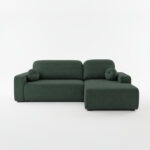 Narożnik z funkcją spania Tori prawy L-kształtny z pojemnikiem na pościel butelkowa zieleń welur