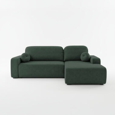 Narożnik z funkcją spania Tori prawy L-kształtny z pojemnikiem na pościel butelkowa zieleń welur