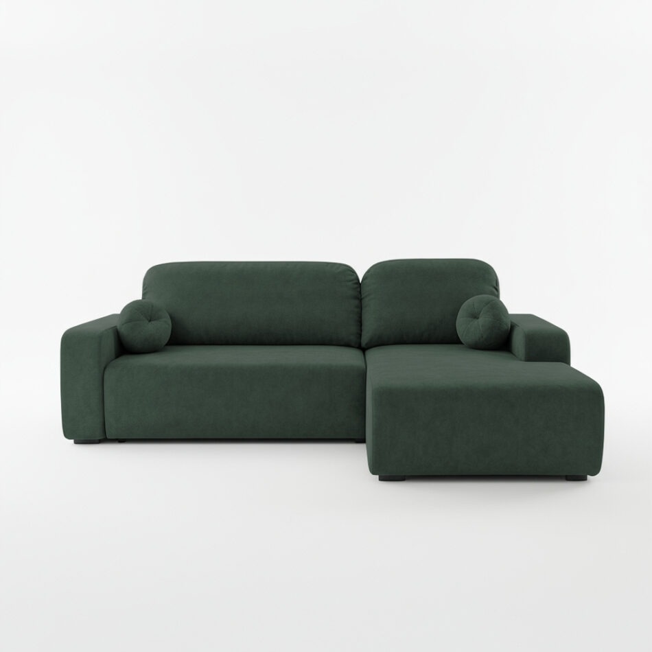 Narożnik z funkcją spania Tori prawy L-kształtny z pojemnikiem na pościel butelkowa zieleń welur