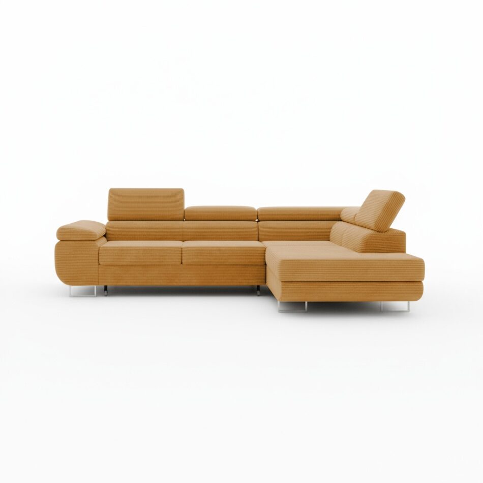 Narożnik z funkcją spania Astorp prawy L-kształtny z regulowanymi zagłówkami musztardowy sztruks