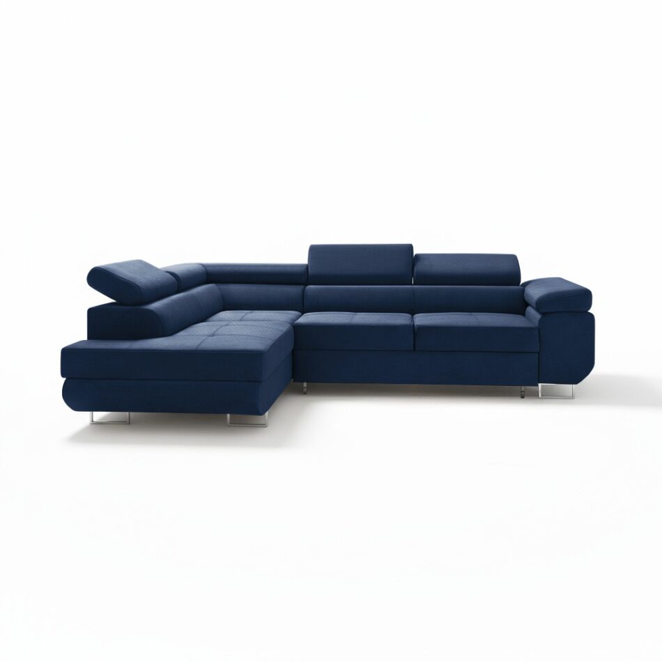 Narożnik z funkcją spania Avesta lewy L-kształtny z pojemnikiem na pościel granatowy welur