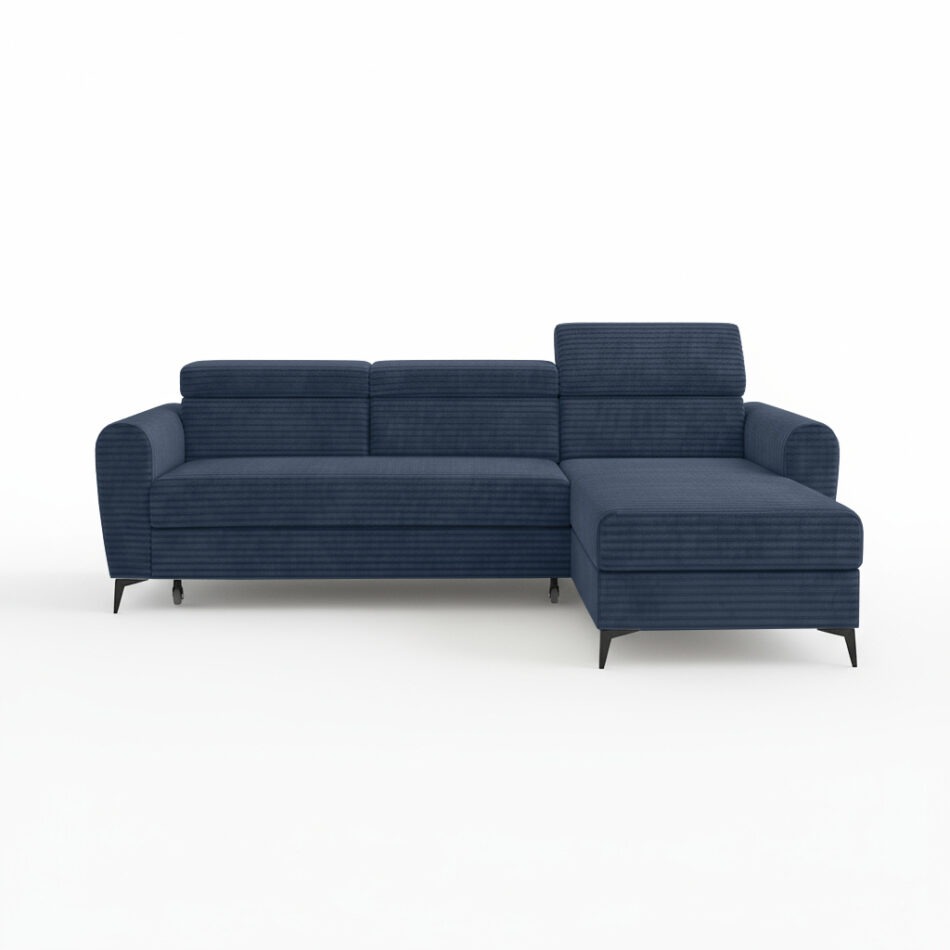 Narożnik z funkcją spania Bjorn uniwersalny L-kształtny z pojemnikiem na pościel granatowy sztruks