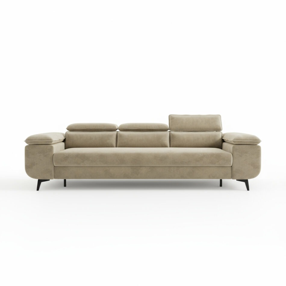 Kanapa z funkcją spania Flat z regulowanymi zagłówkami beżowy welur