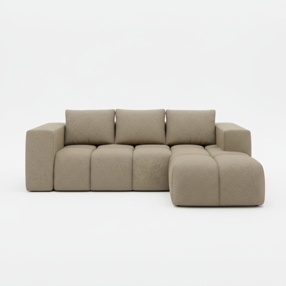 Narożnik z funkcją spania Flavio prawy L-kształtny z pojemnikiem na pościel jasnobeżowa plecionka