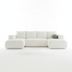 Narożnik z funkcją spania Lambi U-kształtny z pojemnikiem na pościel kremowy boucle