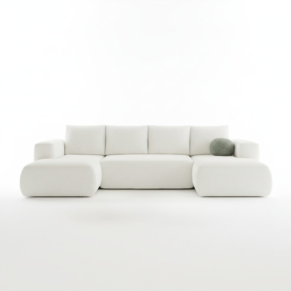 Narożnik z funkcją spania Lambi U-kształtny z pojemnikiem na pościel kremowy boucle