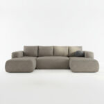 Narożnik z funkcją spania Lambi U-kształtny z pojemnikiem na pościel jasnobrązowy boucle