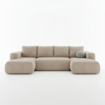 Narożnik z funkcją spania Lambi U-kształtny z pojemnikiem na pościel beżowy boucle