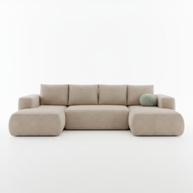 Narożnik z funkcją spania Lambi U-kształtny z pojemnikiem na pościel beżowy boucle