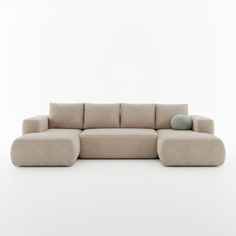 Narożnik z funkcją spania Lambi U-kształtny z pojemnikiem na pościel beżowy boucle