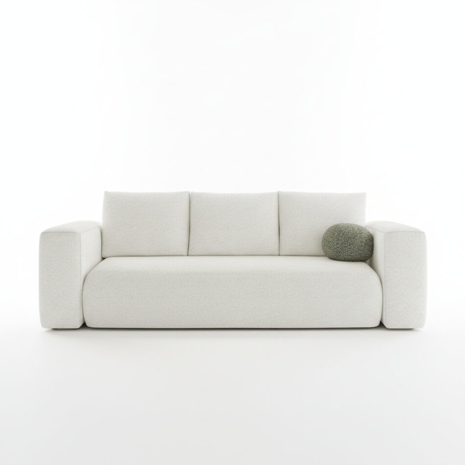 Kanapa z funkcją spania Lambi z pojemnikiem na pościel kremowa boucle