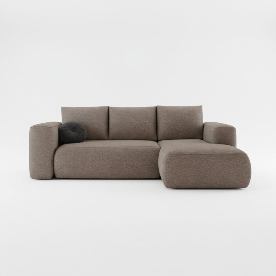 Narożnik z funkcją spania Lambi prawy L-kształtny z pojemnikiem na pościel jasnobrązowy boucle