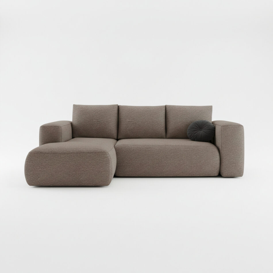 Narożnik z funkcją spania Lambi lewy L-kształtny z pojemnikiem na pościel jasnobrązowy boucle