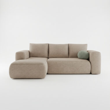 Narożnik z funkcją spania Lambi lewy L-kształtny z pojemnikiem na pościel beżowy boucle