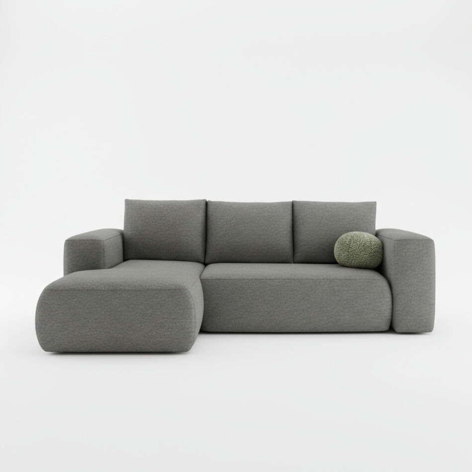 Narożnik z funkcją spania Lambi lewy L-kształtny z pojemnikiem na pościel szary boucle