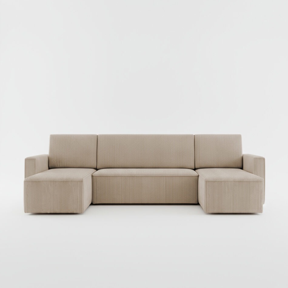 Narożnik z funkcją spania Mimir U-kształtny z pojemnikiem na pościel beżowy sztruks