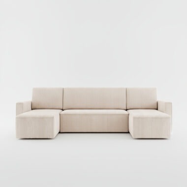 Narożnik z funkcją spania Mimir U-kształtny z pojemnikiem na pościel kremowy sztruks