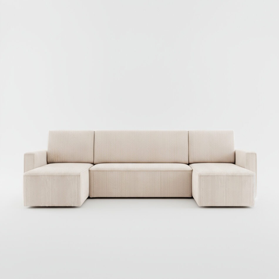 Narożnik z funkcją spania Mimir U-kształtny z pojemnikiem na pościel kremowy sztruks