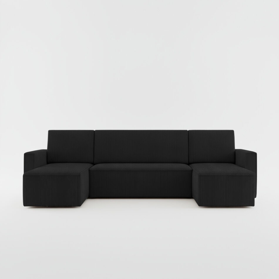 Narożnik z funkcją spania Mimir U-kształtny z pojemnikiem na pościel czarny sztruks