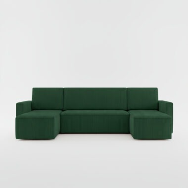 Narożnik z funkcją spania Mimir U-kształtny z pojemnikiem na pościel butelkowa zieleń sztruks