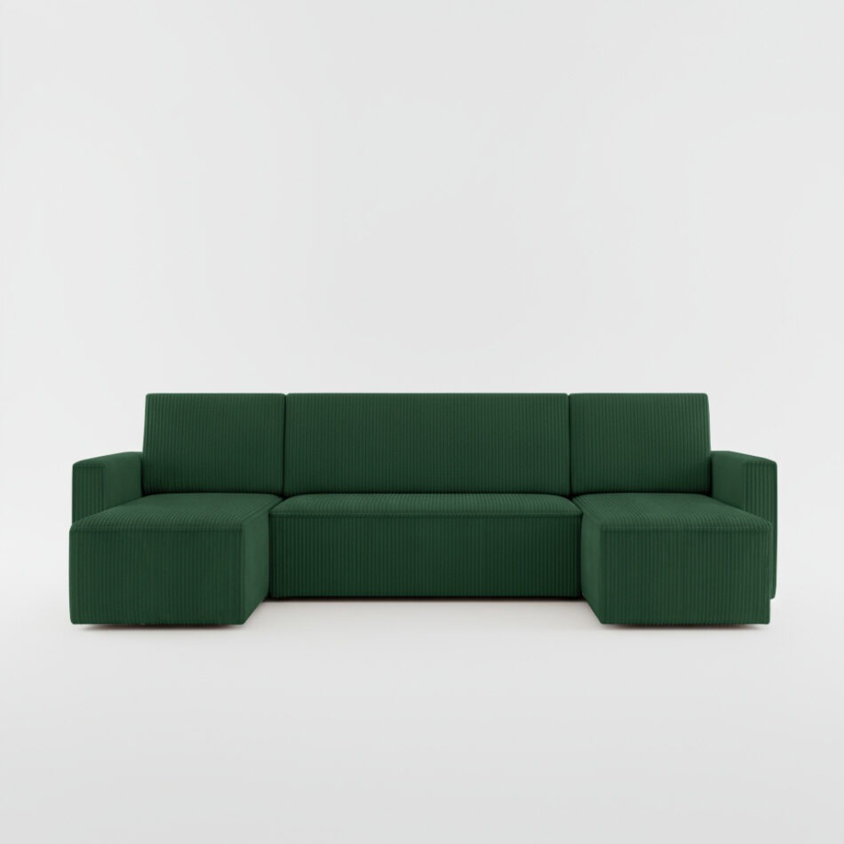 Narożnik z funkcją spania Mimir U-kształtny z pojemnikiem na pościel butelkowa zieleń sztruks