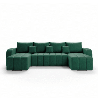 Narożnik z funkcją spania Pufetto U-kształtny z pojemnikiem na pościel butelkowa zieleń welur