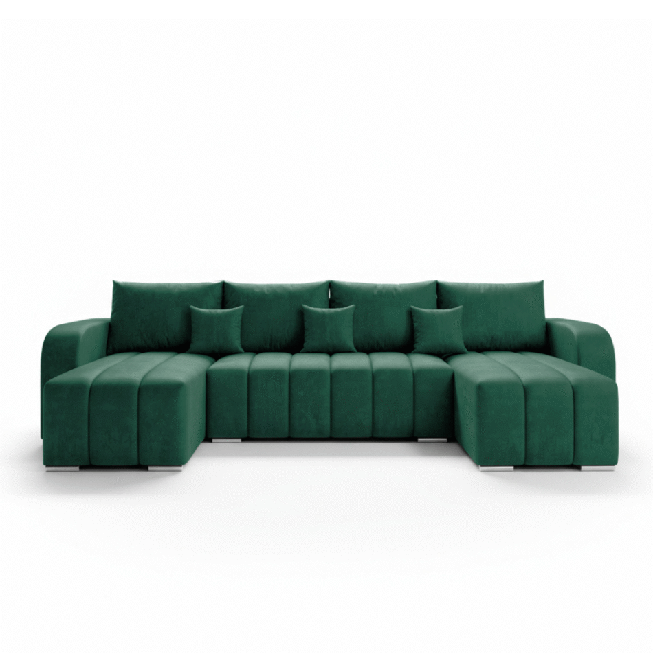 Narożnik z funkcją spania Pufetto U-kształtny z pojemnikiem na pościel butelkowa zieleń welur