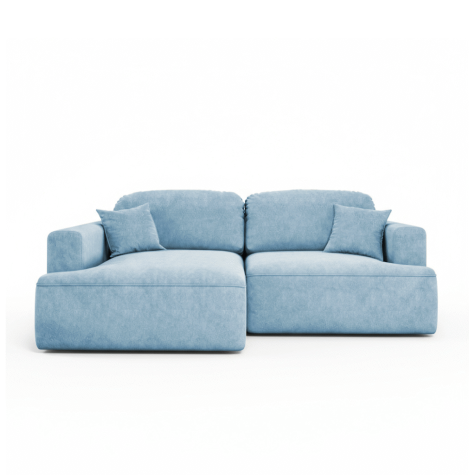 Narożnik z funkcją spania Sunny lewy L-kształtny z pojemnikiem na pościel błękitny welur