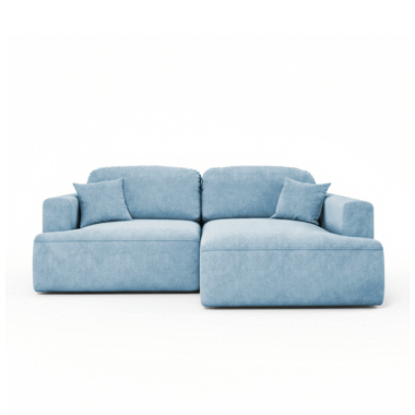 Narożnik z funkcją spania Sunny prawy L-kształtny z pojemnikiem na pościel błękitny welur