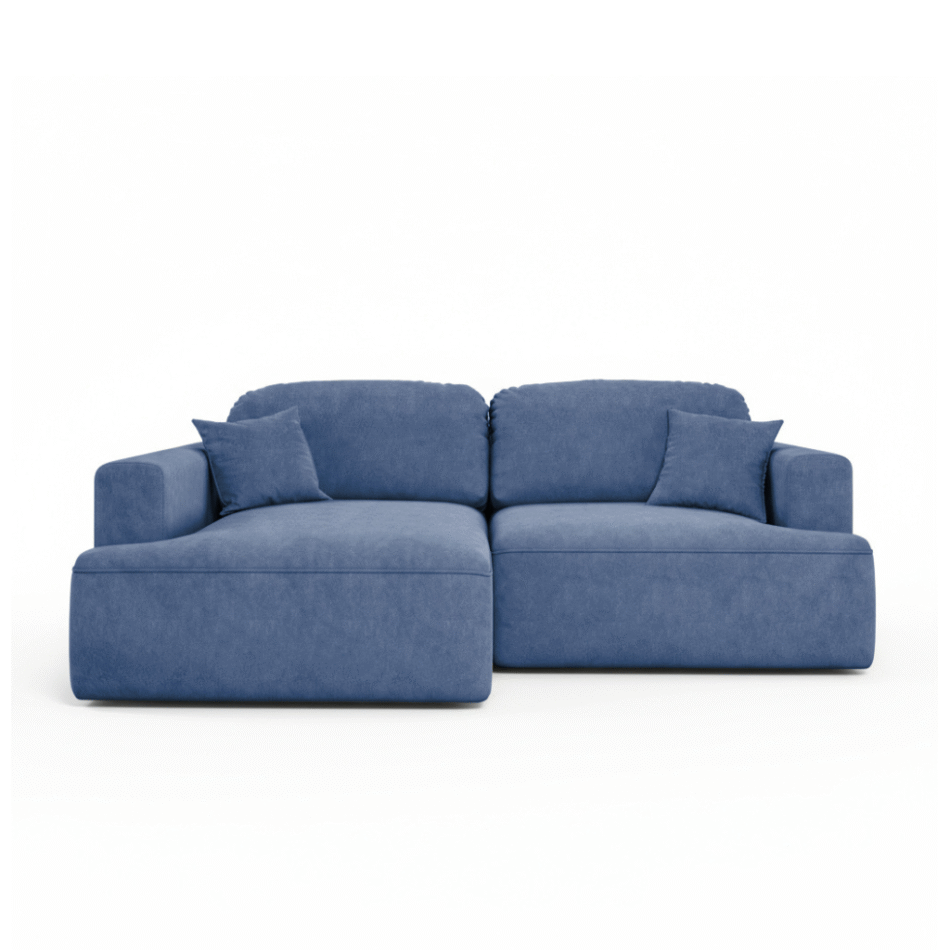 Narożnik z funkcją spania Sunny lewy L-kształtny z pojemnikiem na pościel niebieski welur