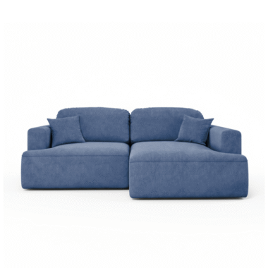 Narożnik z funkcją spania Sunny prawy L-kształtny z pojemnikiem na pościel niebieski welur