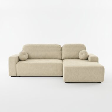 Narożnik z funkcją spania Tori prawy L-kształtny z pojemnikiem na pościel kremowy welur