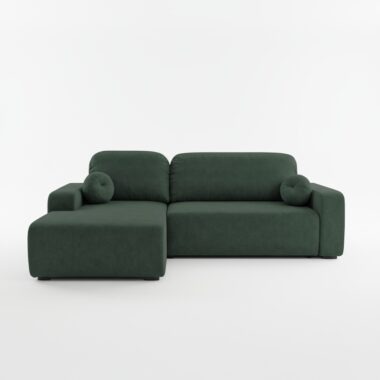 Narożnik z funkcją spania Tori lewy L-kształtny z pojemnikiem na pościel butelkowa zieleń welur