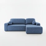 Narożnik z funkcją spania Tori prawy L-kształtny z pojemnikiem na pościel niebieski welur